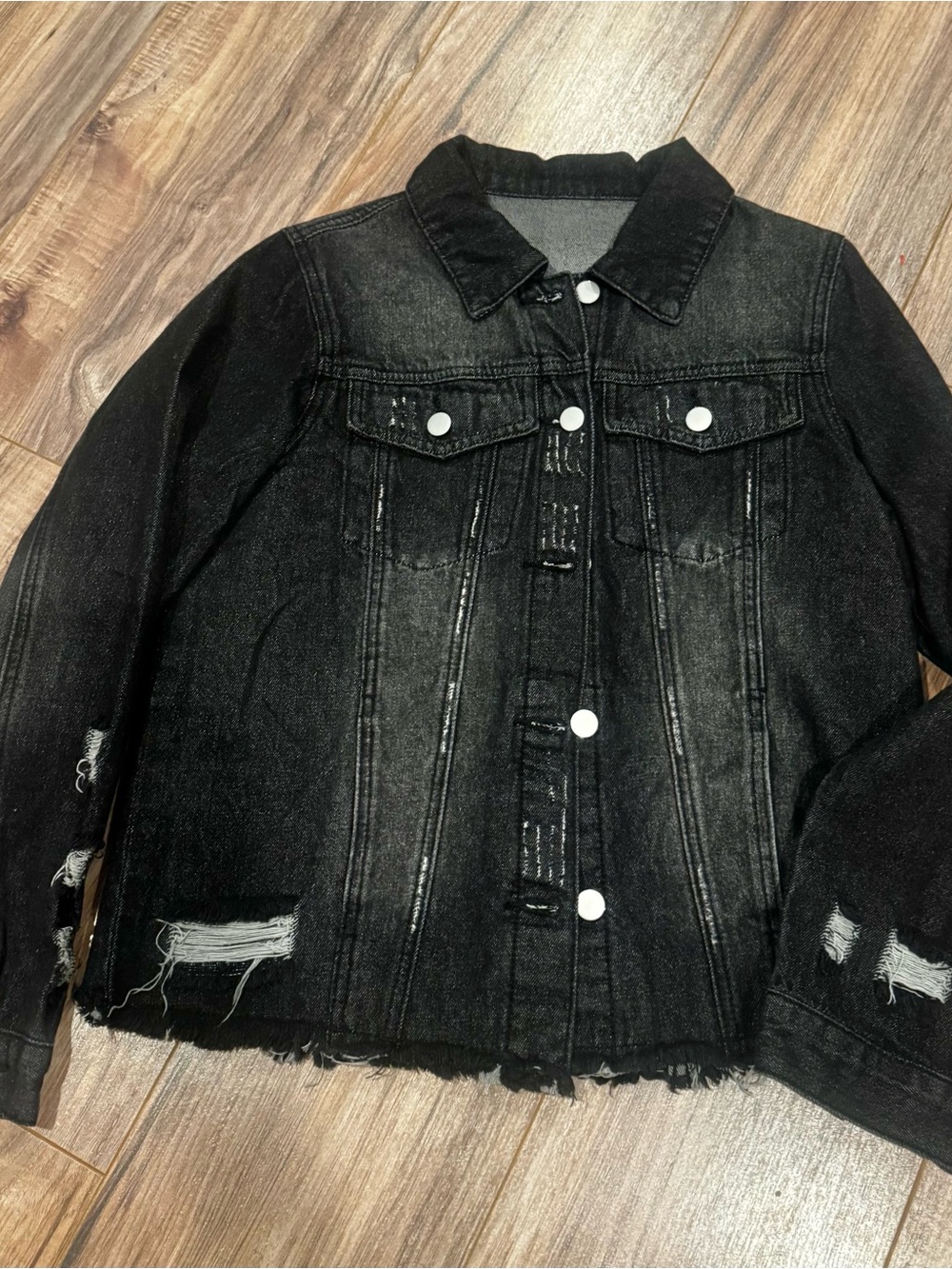 Black Distressed Denim Jacket | Raw Hem | Oversized Shacket Style | Small NWOT